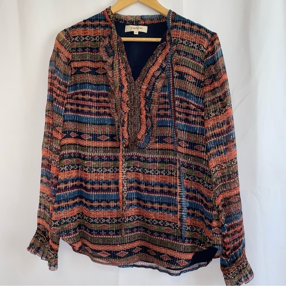 Derhy Chiffon Aztec Metallic Multicolored Top Size Small